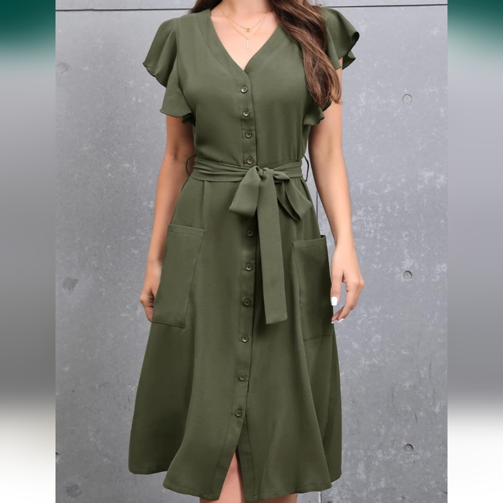 Women's Short sleeve Flutter button up dress with belt- Large army green